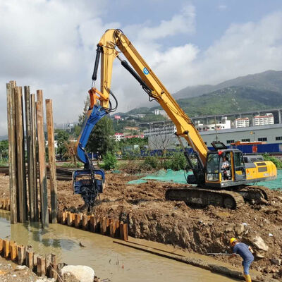 Hydraulic CAT 320 Pile Driver – Yellow & Excavator-Mounted for Construction